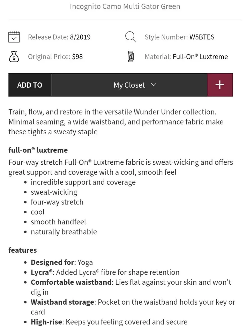 Lululemon Wunder Under High-Rise Tight Incognito Camo Multi Gator Green Size 8